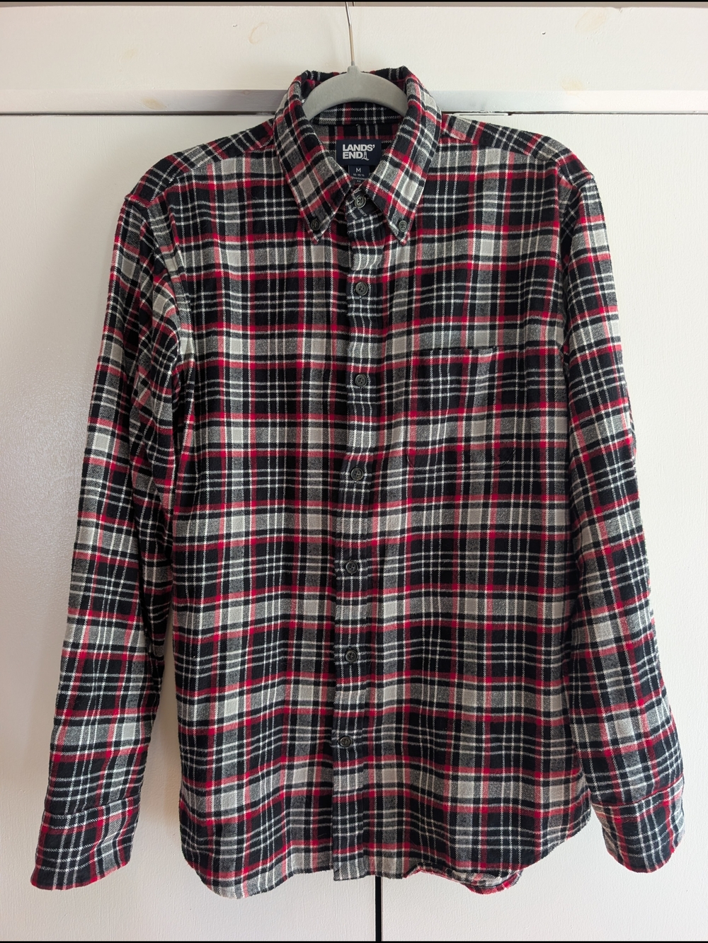Lands' End Men's Red Black White Plaid Flannel Shirt